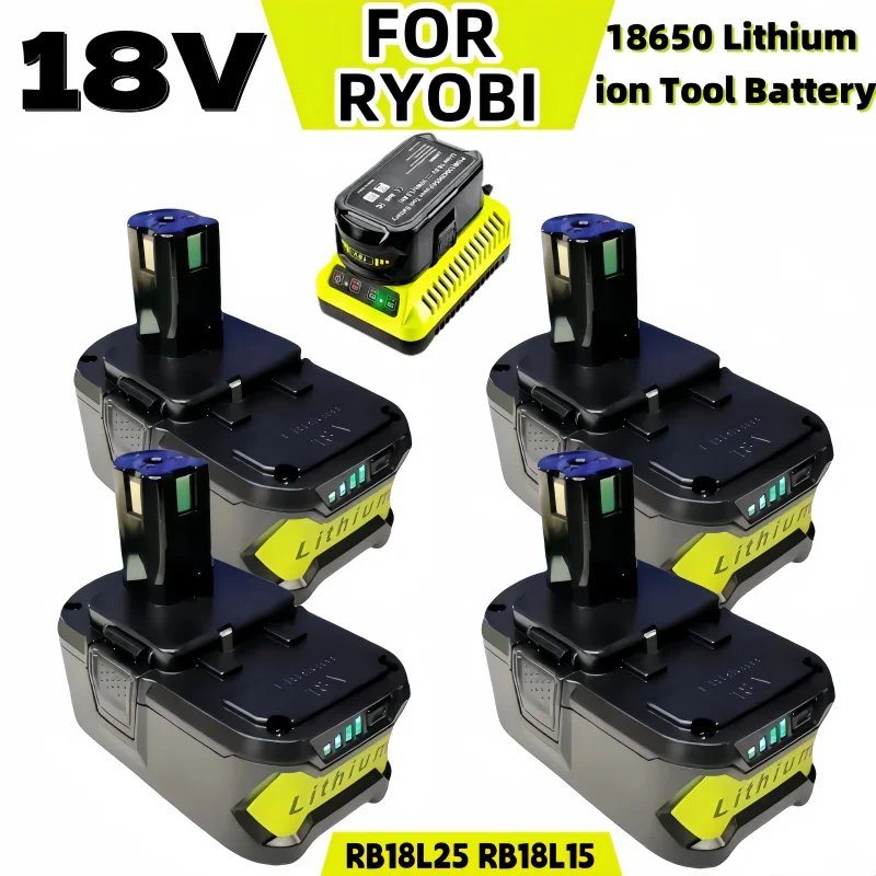 New Suitable for RYOBI P108 18V single+battery 18V lithium-ion 6000mAh power tool P104 P107 RB18L50 RB18L20 with LED replacement