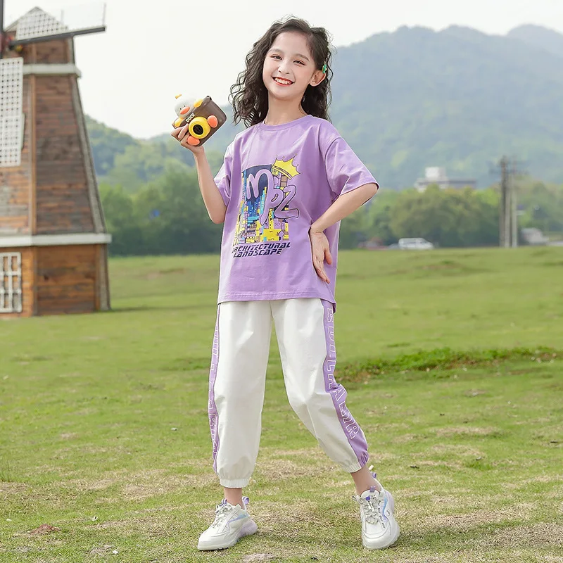 Summer Casual Contrast Kids Top Tees Sets Girls T-Shirt + White Pants Set Children 2 Pieces Clothing For 3-14 Years