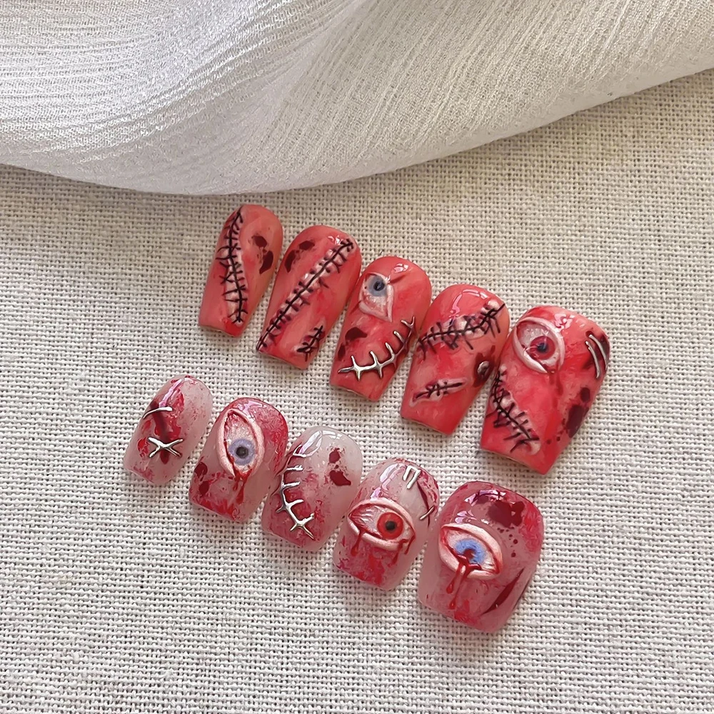 1 Stück 5D Geprägte Blutunterlaufene Augen Nagelaufkleber Horror Gruselige Rote Augen mit Blutrivern Nagelsticker Gothic Halloween Nagelkunst Deko – Detail 8