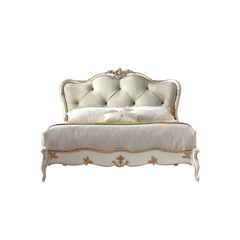Durable French Style Handmade Wooden King Size Bed Set, Leather Royal Luxury Bedroom Furniture