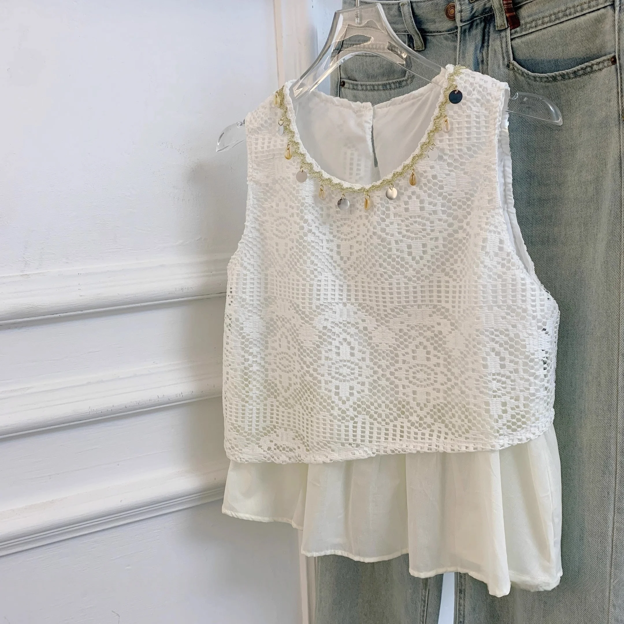 

n Lace Trim Tank Top Women Summer Hollow out Casual Faion Agel Upper Apparel Korean Sle Loose Fit round Ne