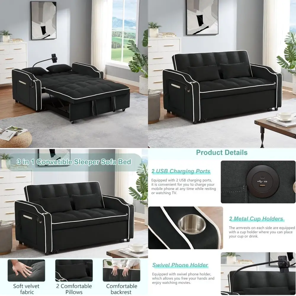 Modern Velvet Sleeper Sofa with Pull Out Bed and Adjustable Backrest, Loveseat with Cup Holders for Comfortable Living