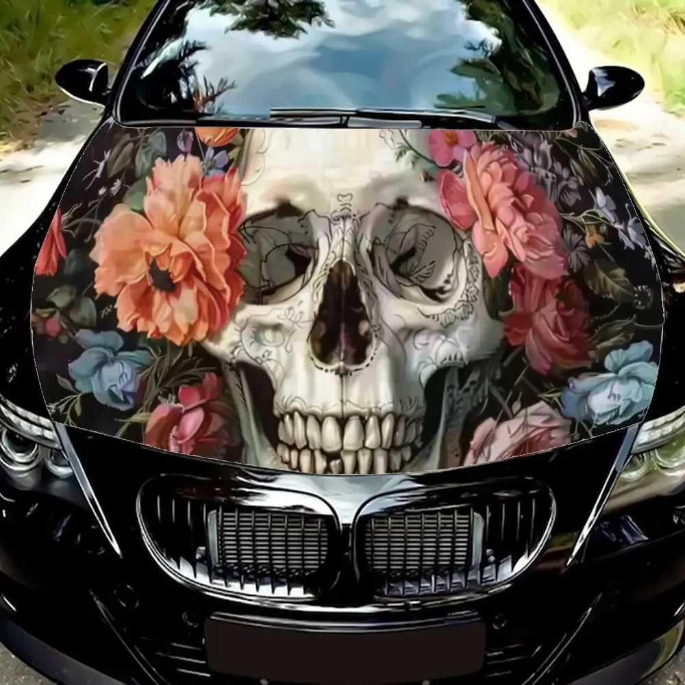 

Smiling Skull Head with Flowers Car Hood Wrap Color Vinyl Sticker Truck Graphic Bonnet Auto Accessories Decoration Decal Gift