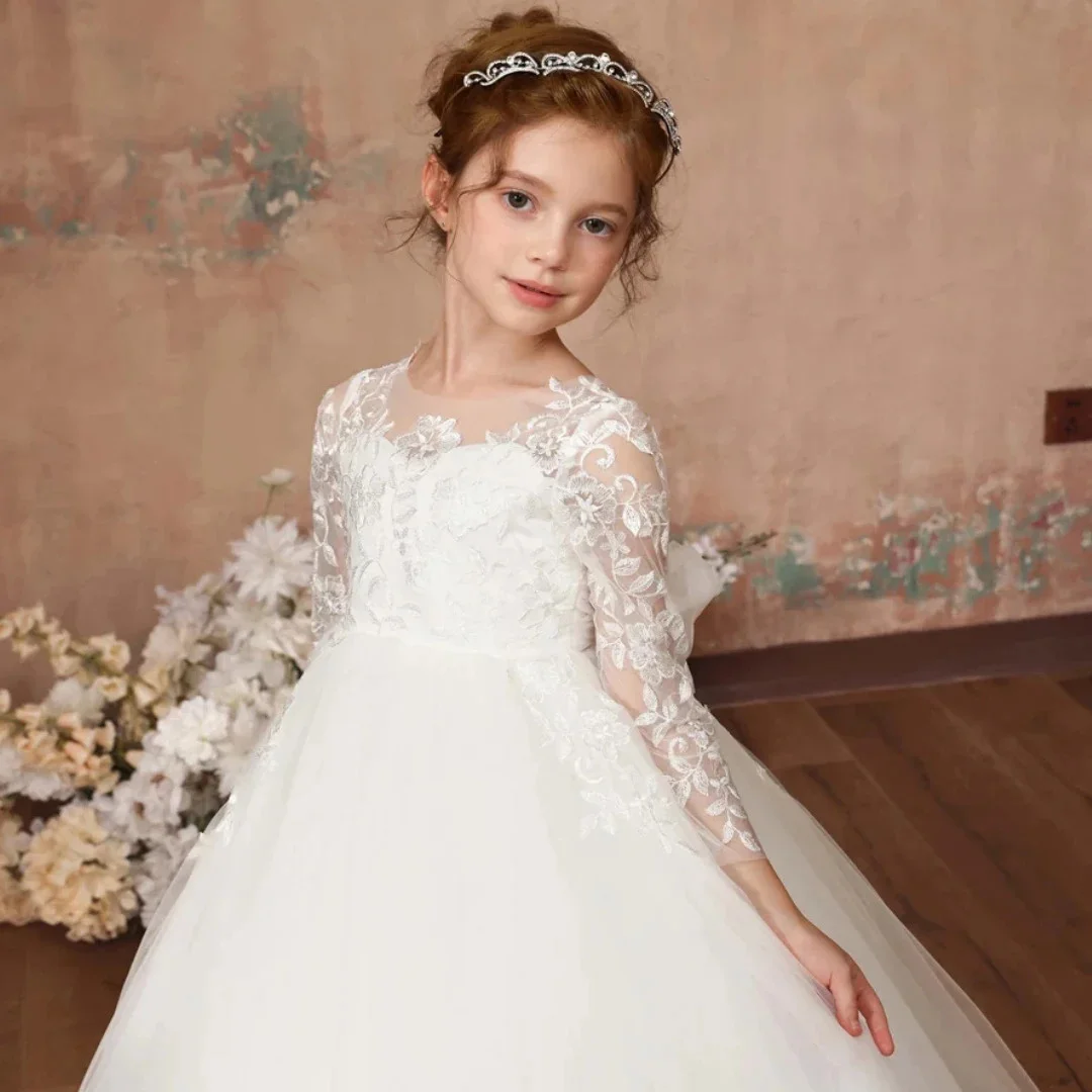 カスタマイズされたアイボリーフラワーガールドレスフローリーアップリケ弓長袖結婚式誕生日プロムパーティー聖体拝領ドレス