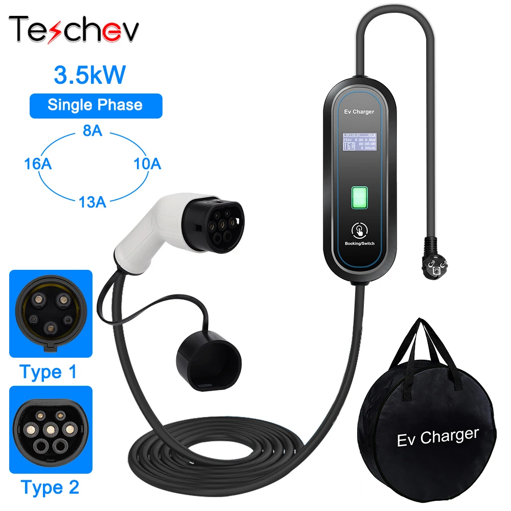 Teschev 3.5KW 16A EV Portable Charger Type2 EVSE Charging Box Electric Car Charger J1772 Type1 Electric Vehicle Charger