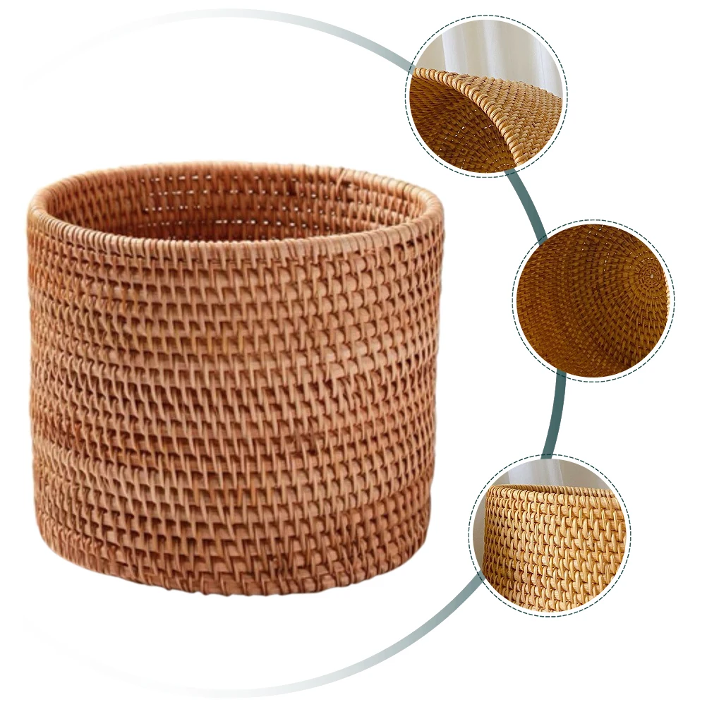 

Rattan Woven Basket Small Round Size Trash Can Storage Wastebasket Desktop Finishing Sundries ganizer Fruit Container