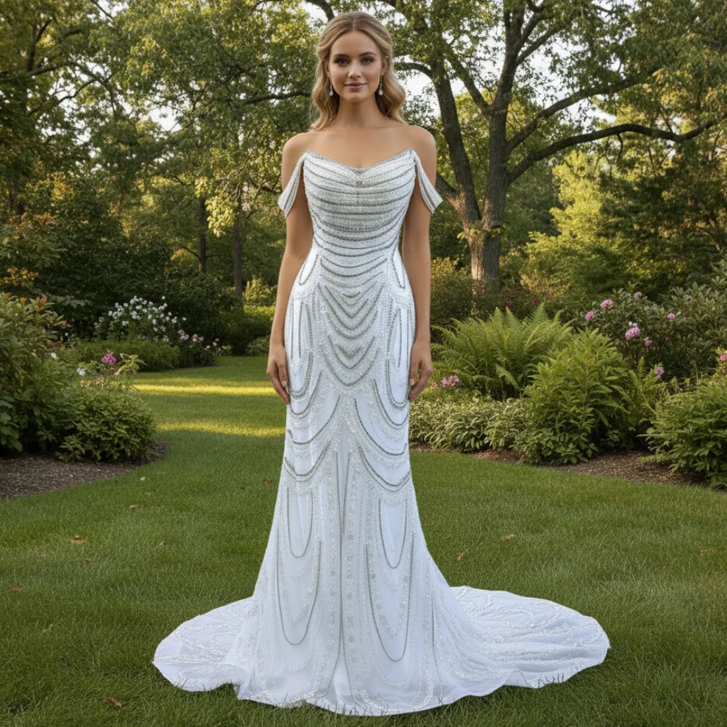 Rosymae White Mermaid Wedding Dress off the Shoulder with Pearls Beading Elegant Bride Gown brautkleid