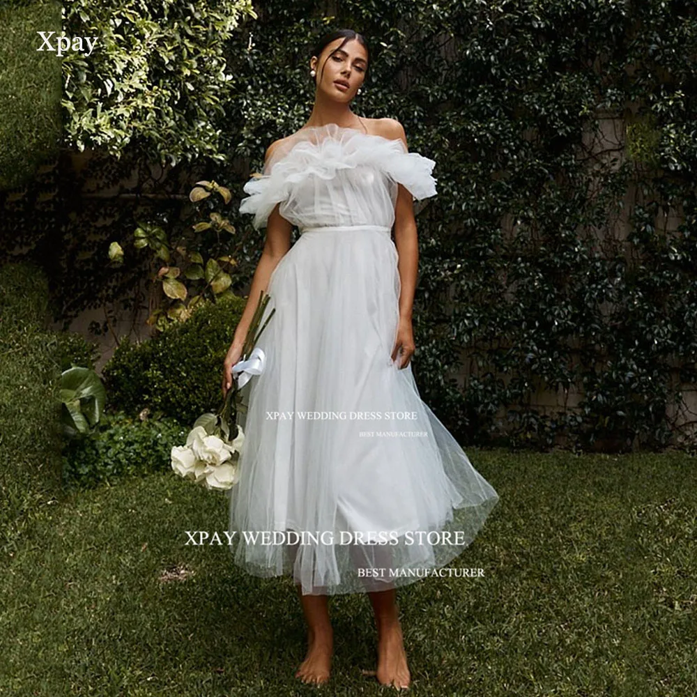 

XPAY Ruffles Off Shoulder A Line Wedding Dresses 2025 Mid Length Tulle Backless Bridal Gowns Custom Draped Short Bride Gown