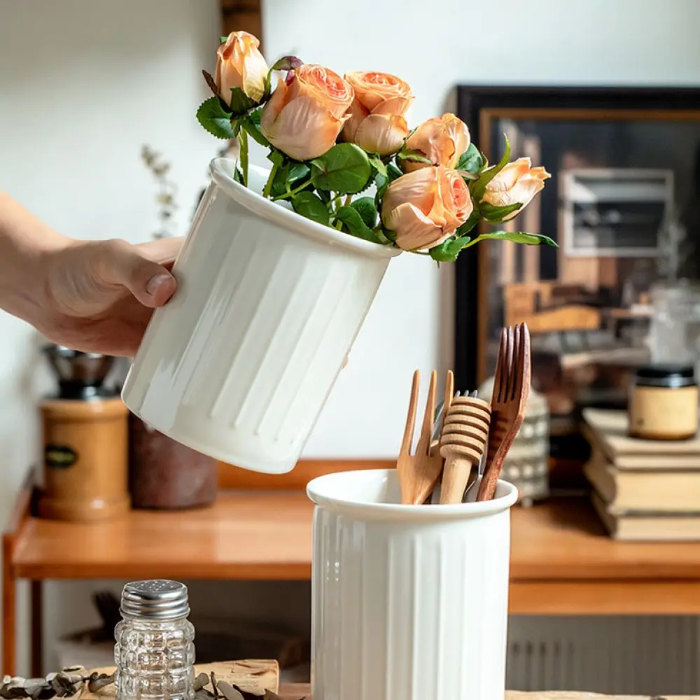 Japanese Decorative Ceramic Embossed Storage Jar Kitchenware Organizer Cutlery Holder Aesthetic Table Flower Vase