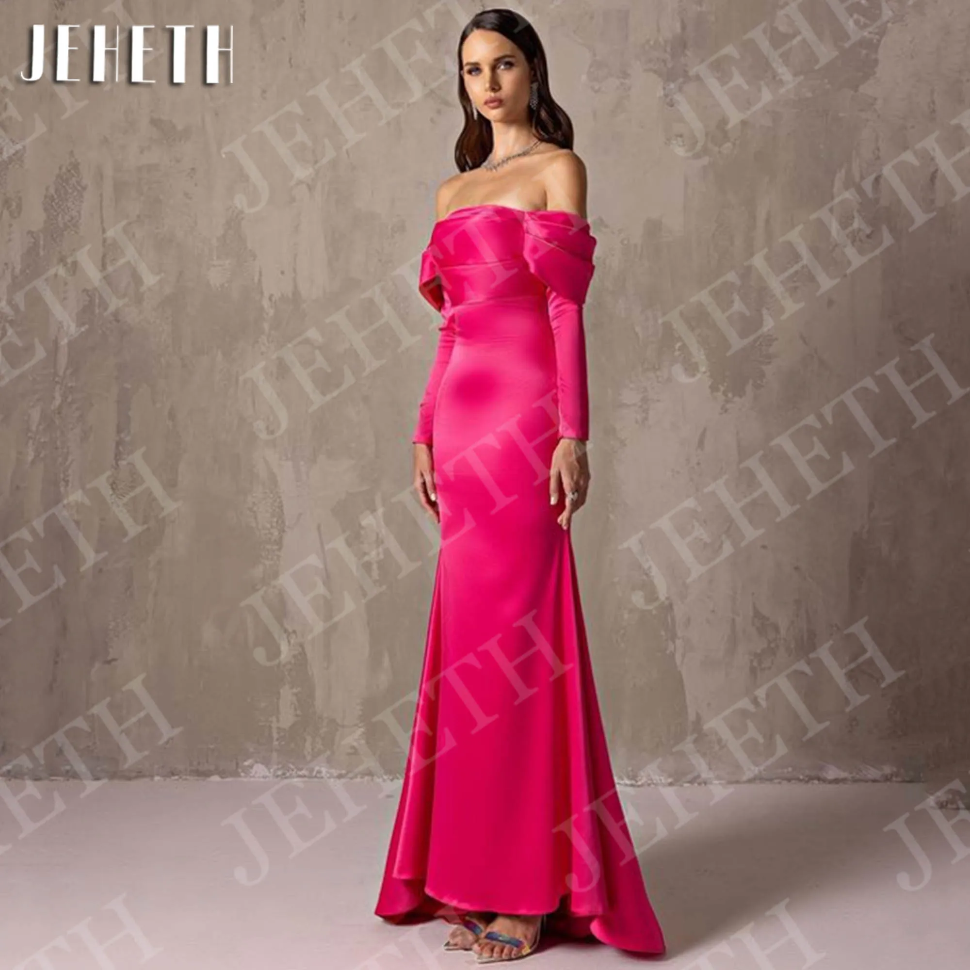 JEHETH Abiti da sera a sirena in raso Abiti da ballo da donna affascinanti con spalle scoperte Abito da cerimonia formale a maniche lunghe Donna personalizzata Satin sirena abiti da sera affascinante donna abiti da bal