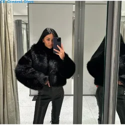 Black Fluffy Faux Fur Jackets Women Loose Furry Turn Down Collar Long Sleeve Coats Female Winter Vintage Warm Lady Overcoat