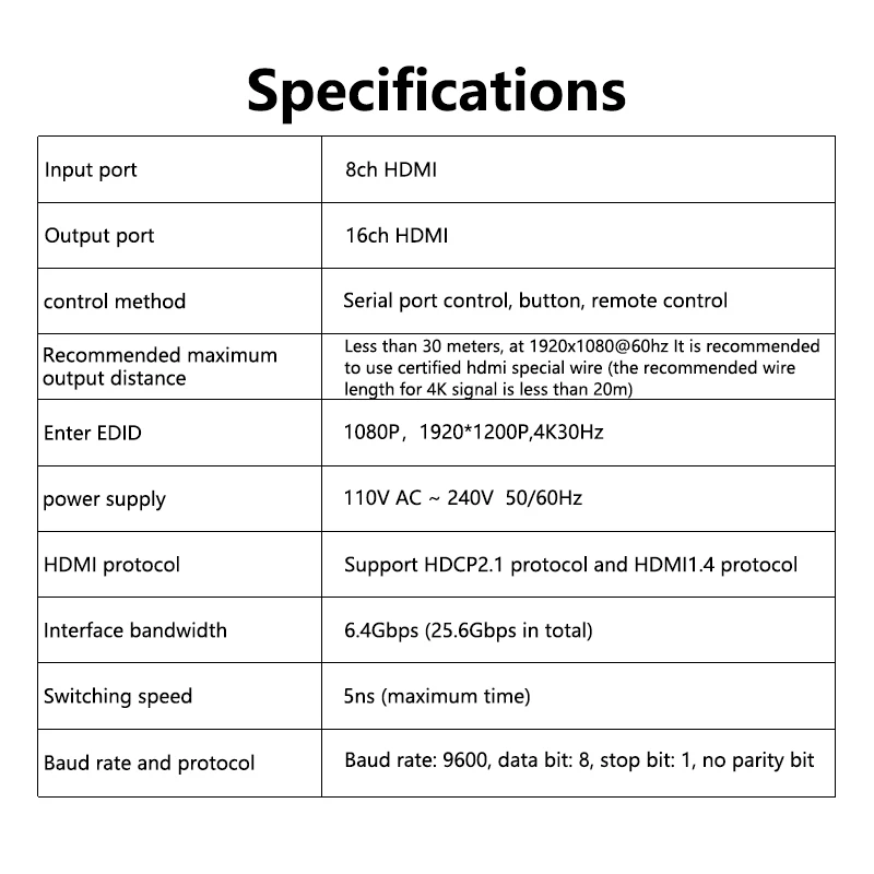 Interruptor matricial para HDMI, 8x16, 4K, 30Hz, HDCP2.1, divisor de estante Profesional, 8 en 16, con HDMI, Audio y vídeo