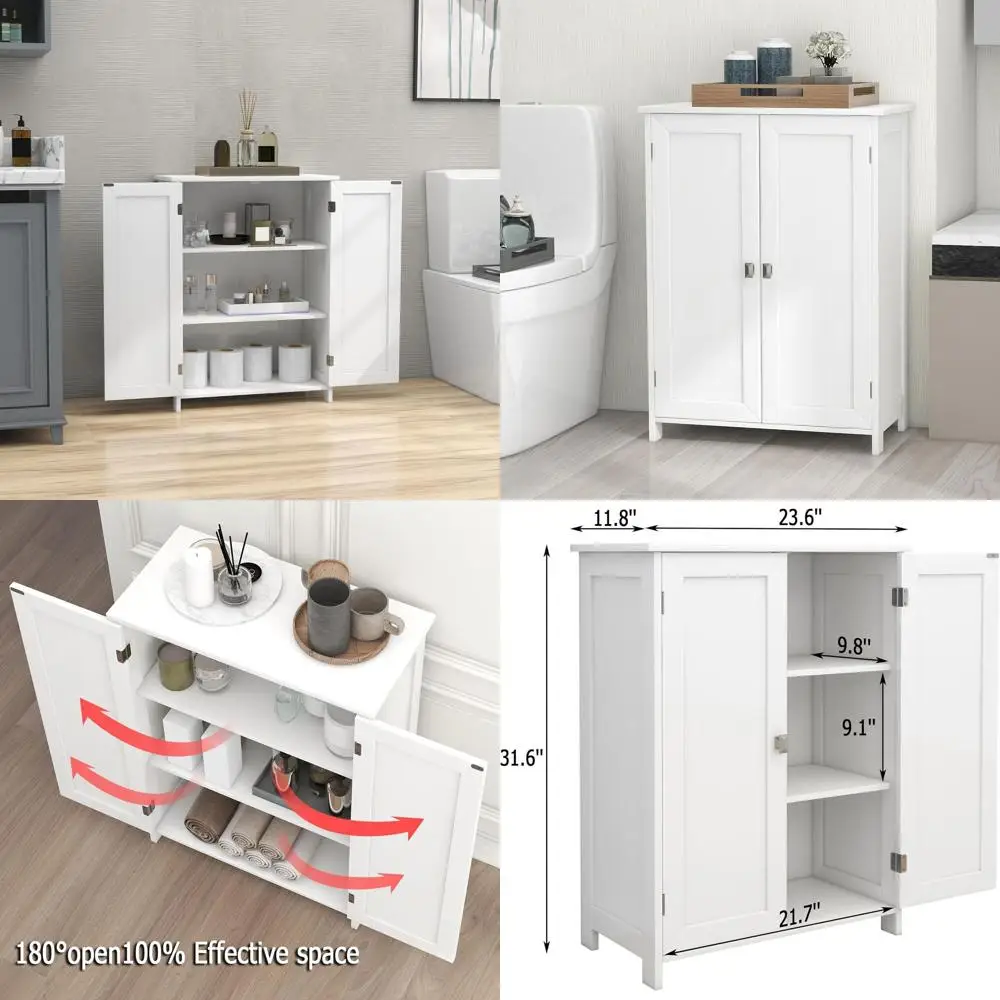 

White Double-Door Bathroom Floor Cabinet for Storage in Living Room and Entryway