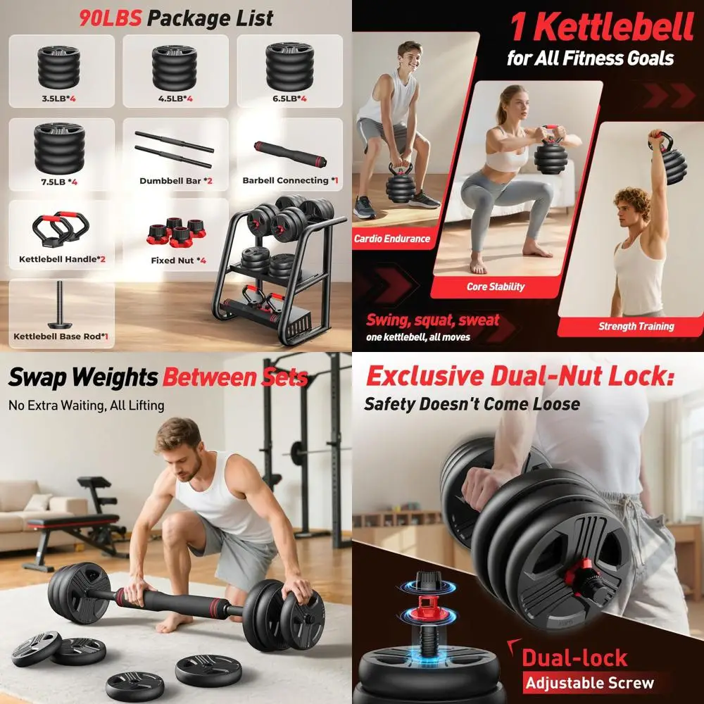 

Versatile 5-in-1 Adjustable Dumbbell Set: 20-90lbs, Upgraded Nut, Kettlebell, Bar, Push Up Stand for Fitness Enthusiasts
