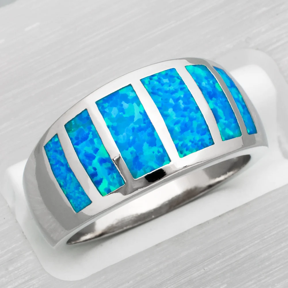 KONGMOON Ocean Blue Fire Opal Jewelry Women Wide Band Ring Size 7 8 9