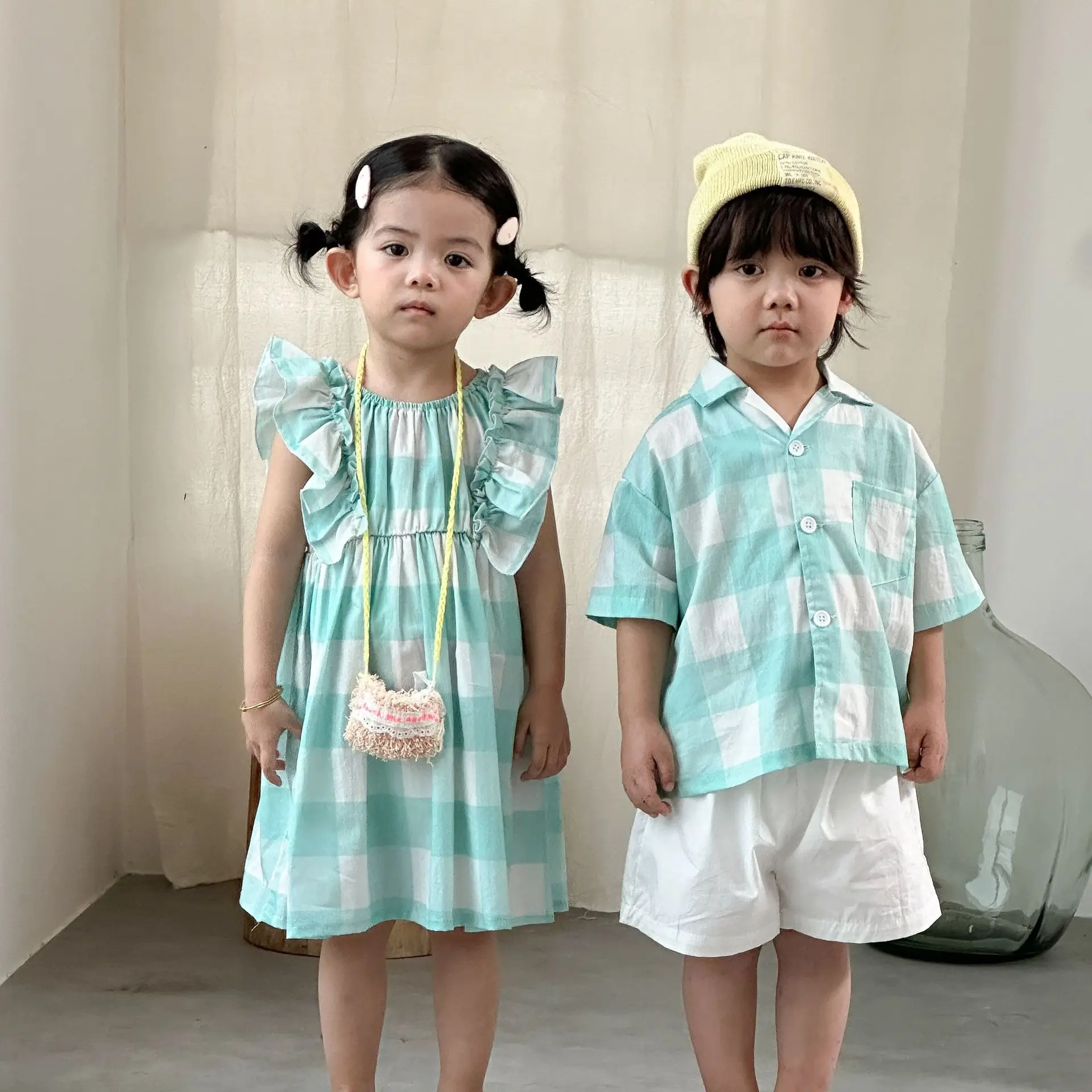 Summer New Kids Short Sleeve Clothes Set Boys Plaid Shirts White Shorts 2pcs Suit Girls Puff Sleeve Dress Brother Sister Outfits