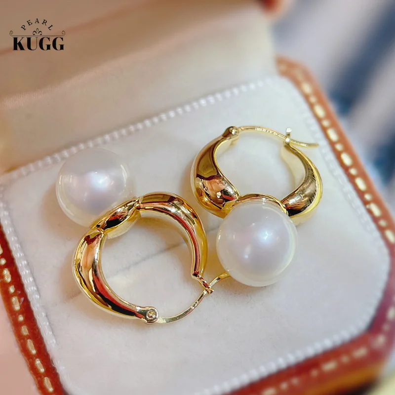 

KUGG PEARL 18K Yellow Gold Earrings 9-10mm Real Natural Seawater Pearl Hoop Earrings Fashion Flexible Design Party Fine for Lady