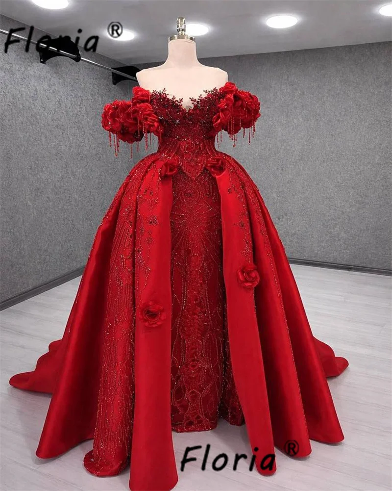 Luxury Red Dubai Women Celebrity Party Dress Crystal Stones 3D Flowers Mermaid Wedding Event Gown Guest Beads Vestidos de gala