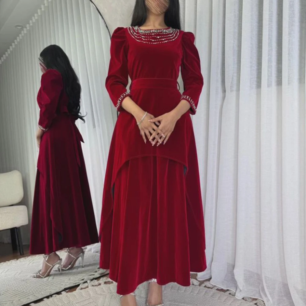 

Customized Red Draped Beading A-line O-neck Velour Evening Dresses Bow Full Sleeves Pleat Ankle Length Pageant Prom Gowns