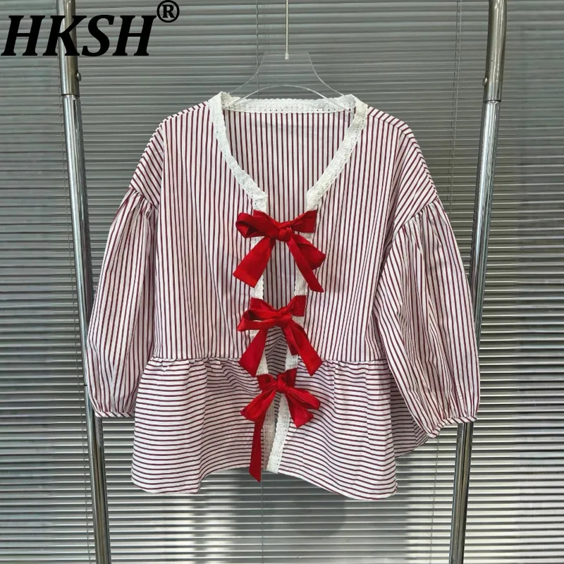 

HKSH Summer New Women Sweet Stylish High Street Striped Lace-up Bowknot Vacation Style French Casual Ins Long Sleeve Tops HK7854