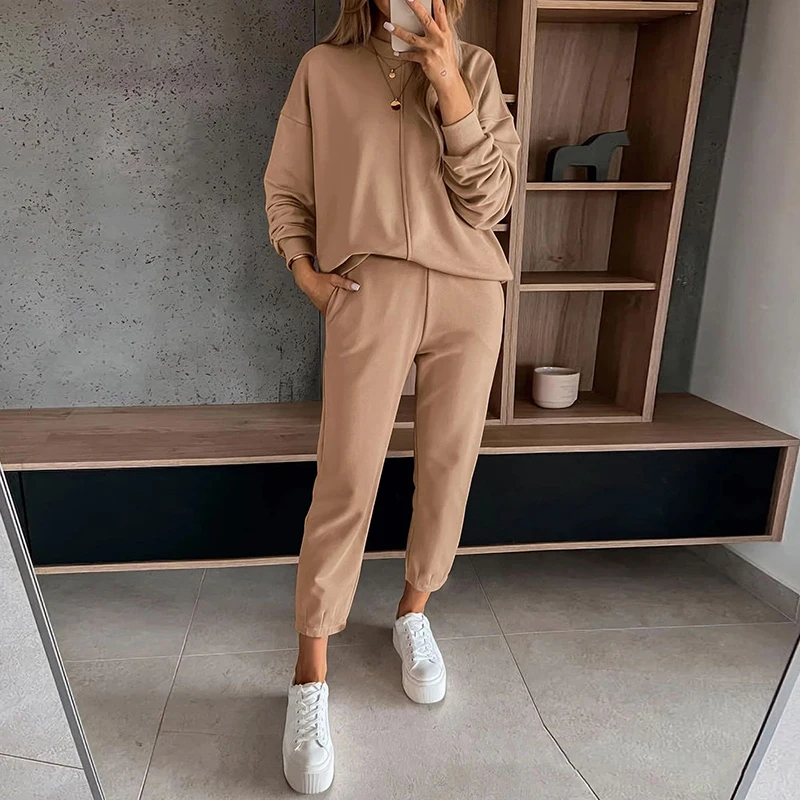 Loose Solid Casual Sportswear Suit Women O Neck Top Pullover & High Waist Pants Sets Autumn Winter Long Sleeve Two Piece Outfits