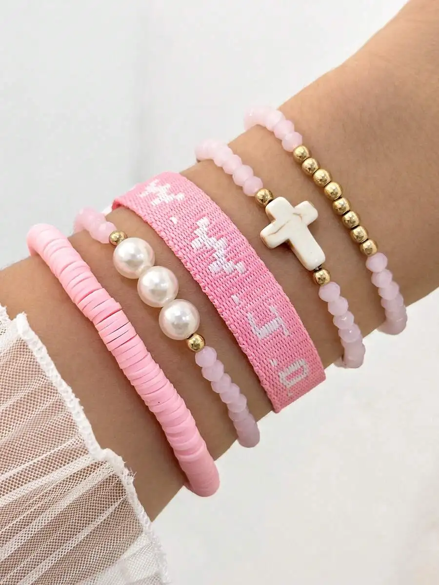 

5pcs/Set Fashion WWJD Knit Wristband Bracelet & Cross Faux Pearl Beaded Bracelets Set With Card, Inspirational Christian Gifts F