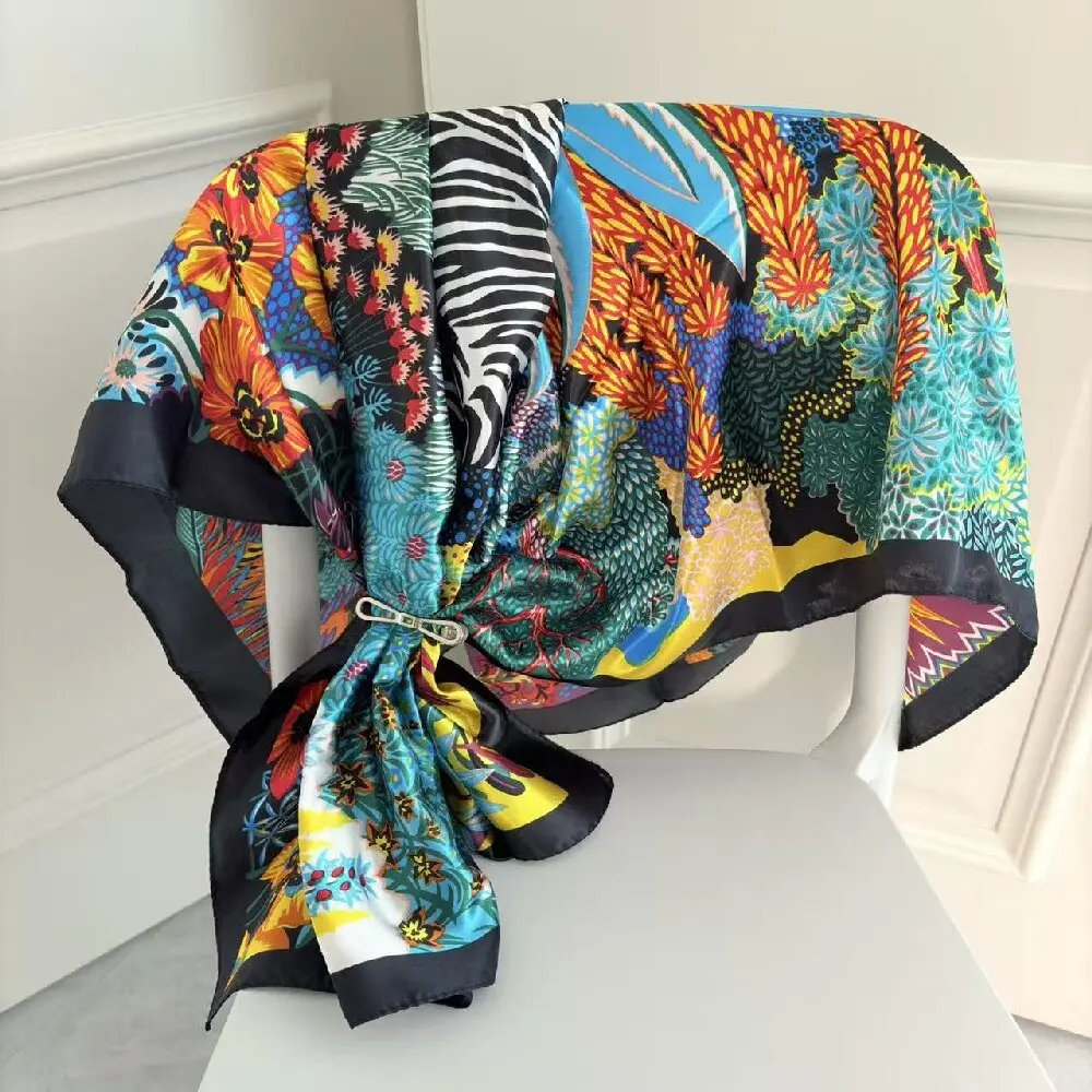 

Женский шелковый платок из сатина с принтом, шаль-сари, женский платок-накидка, элегантный квадратный платок, платок стюардессы, с петлей