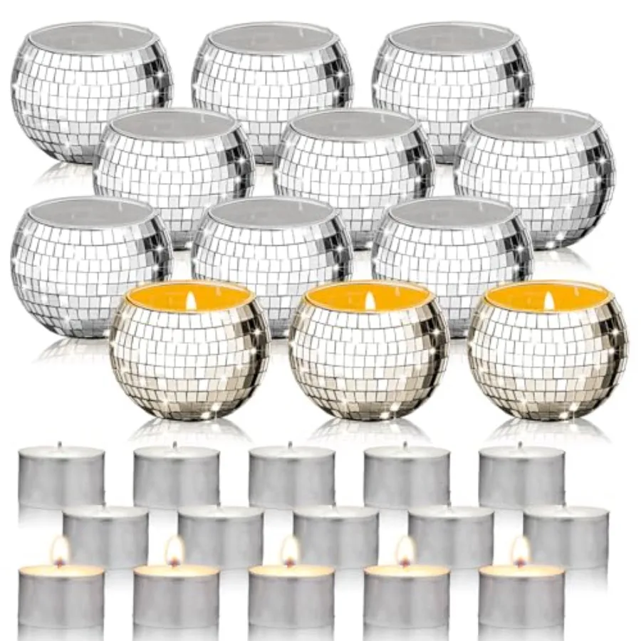 

24 Pcs/12 Sets Disco Ball Candle Holders Bulk Wedding Decoration Disco Ball Centerpieces Includes Votive Mosaic Glass Tea Light