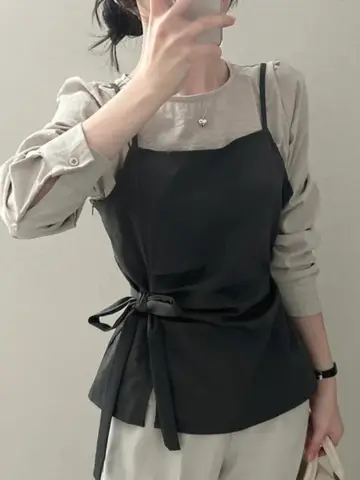 Korean Sle  Knot Tie Top+Puffy Long Sve Bot irt Spring Outfit Two-Piece Set Ele Casual Women's Tee