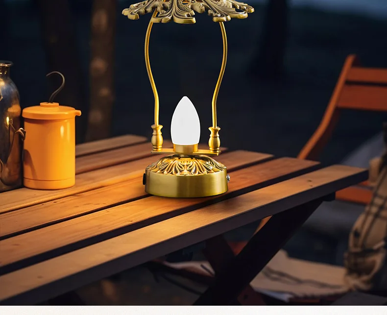 Retro Hollow Handmade Brass Home Candle Light Bar Table Top Ornament Portable Camping Charging Ambient Light Advanced Sense
