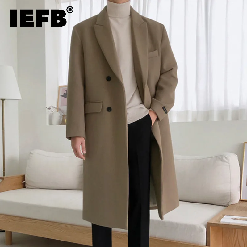 

IEFB Korean Style Men's Woollen Coats Double Breasted Solid Color Mid-length Coat Casual Autumn Tide Male Windbreakers 9C7828