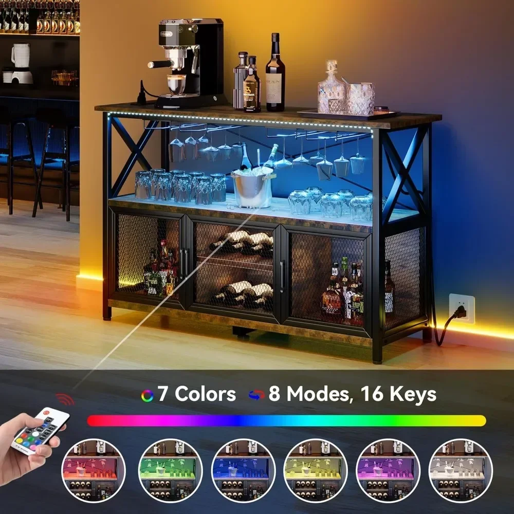 55" Bar Cabinet with LED Lights, Wine Cabinet with Power Outlet, Bar Table Stand with Wine Rack, Storage Cabinets