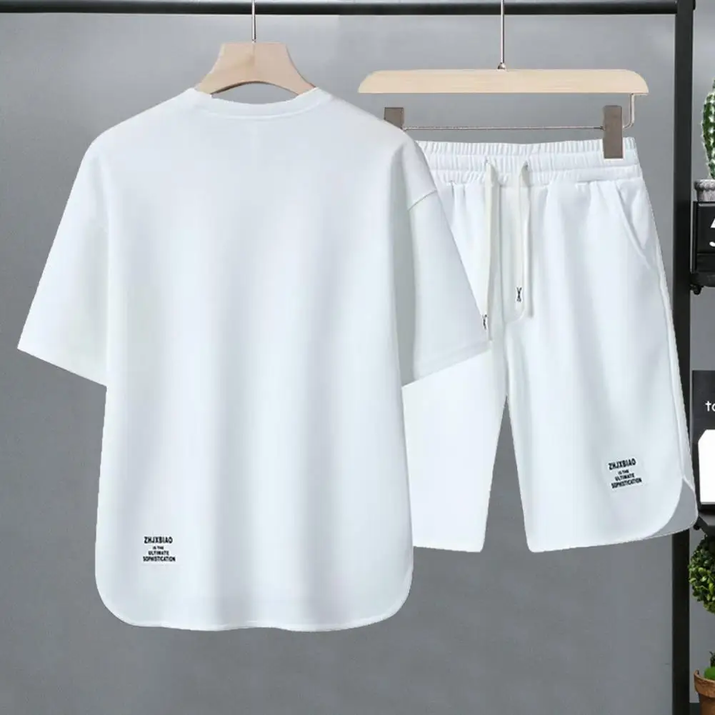 Men Sportswear Set Men\'s Retro Sportswear Set with Ice Silk T-shirt Shorts Loose Fit Drawstring Waist Round Neck Short Sleeves 2