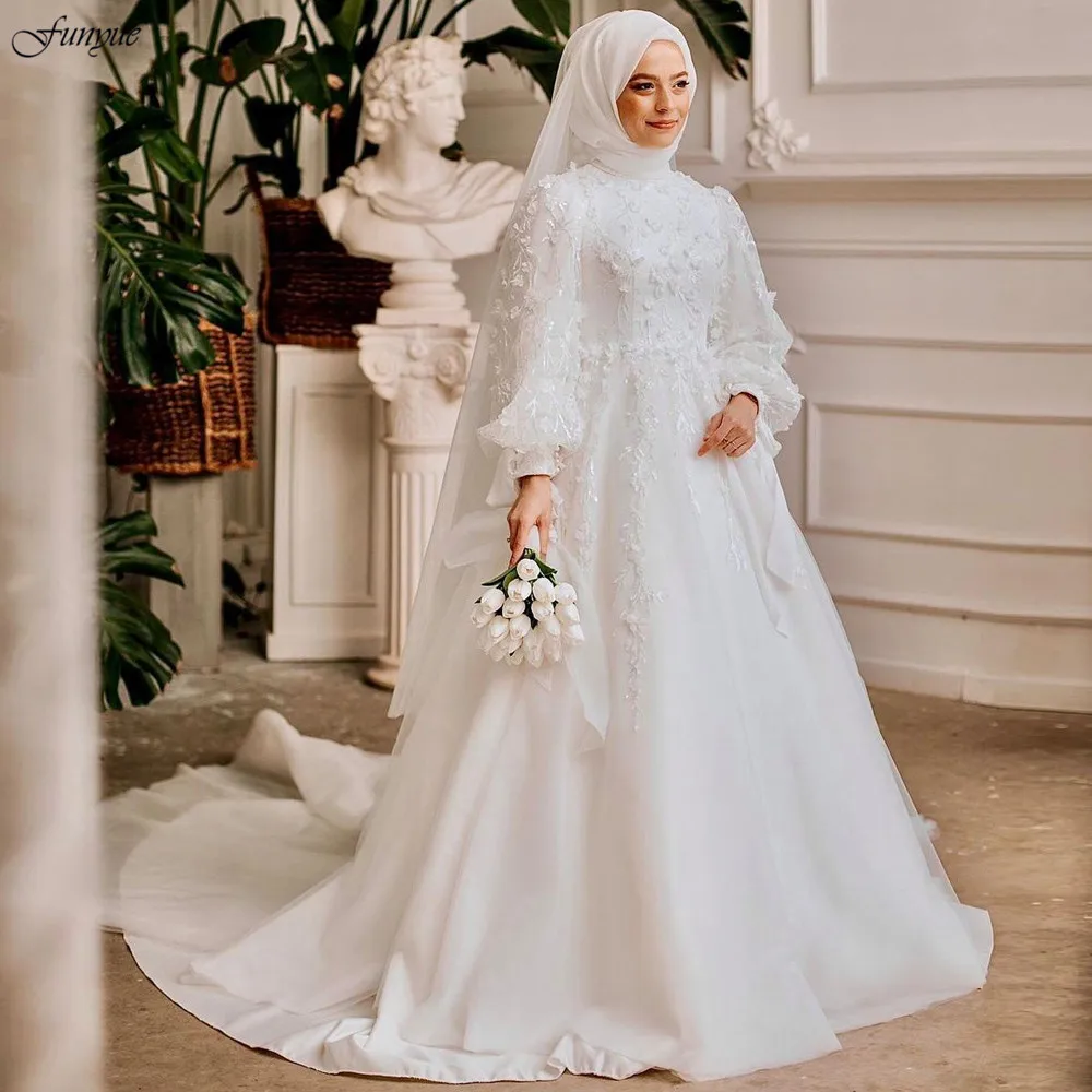 Funyue Arabic Dubai Vestido De Noiva Casamento A-Line Muslim Hijab Wedding Gown Full Sleeve Islamic Lace Bridal Dress for Bride