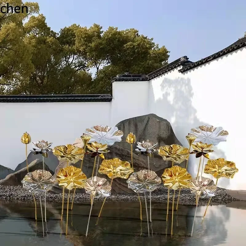 

YFY Stainless steel lotus leaf, lotus pod, and lotus flower plant sculpture - water feature & pond metal ornament