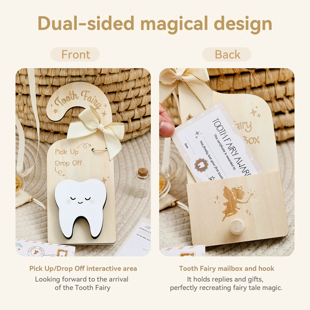 Wooden Tooth Tooth Fairy Door Sign,Wooden Baby Room Door Hanging Fairy Holder Box Baby Tooth Collection Newborn Photography Prop
