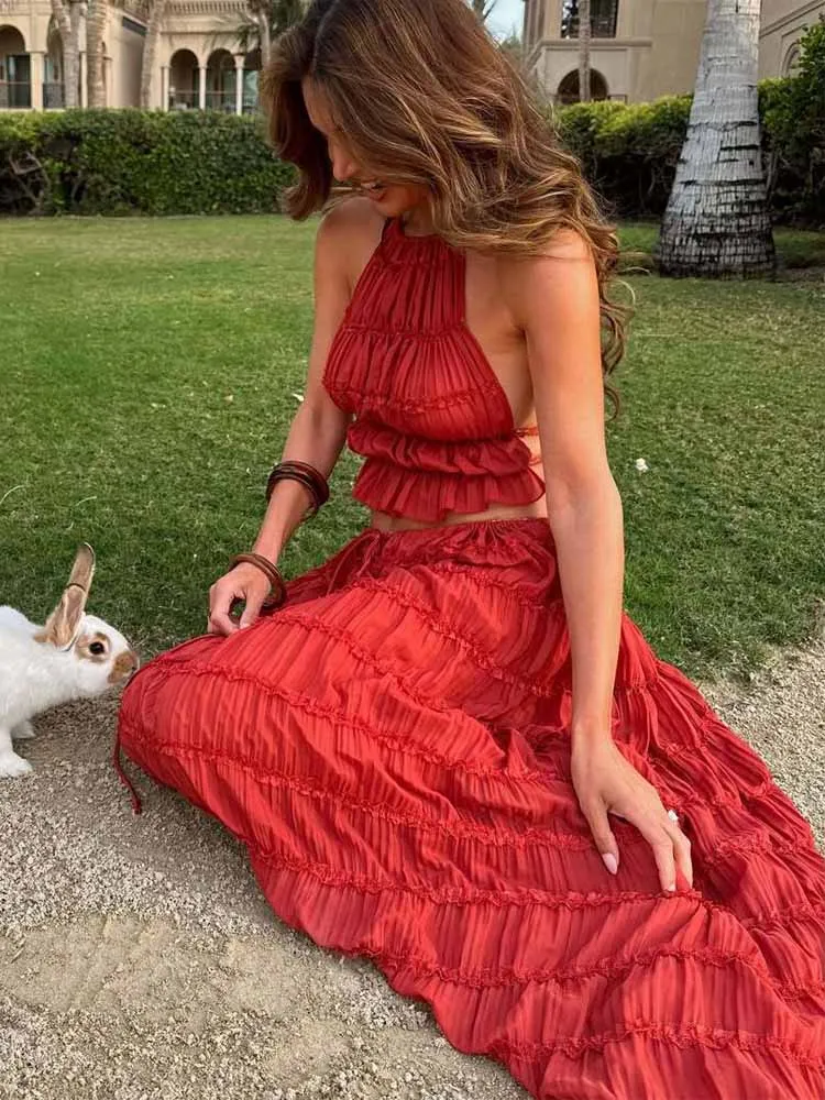

BKQU Chic Long Skirt Ruched 2 Piece Beach Holiday Outfits Women Halter Sexy Backless Cami Tops Lace Up Maxi Skirts Summer Boho