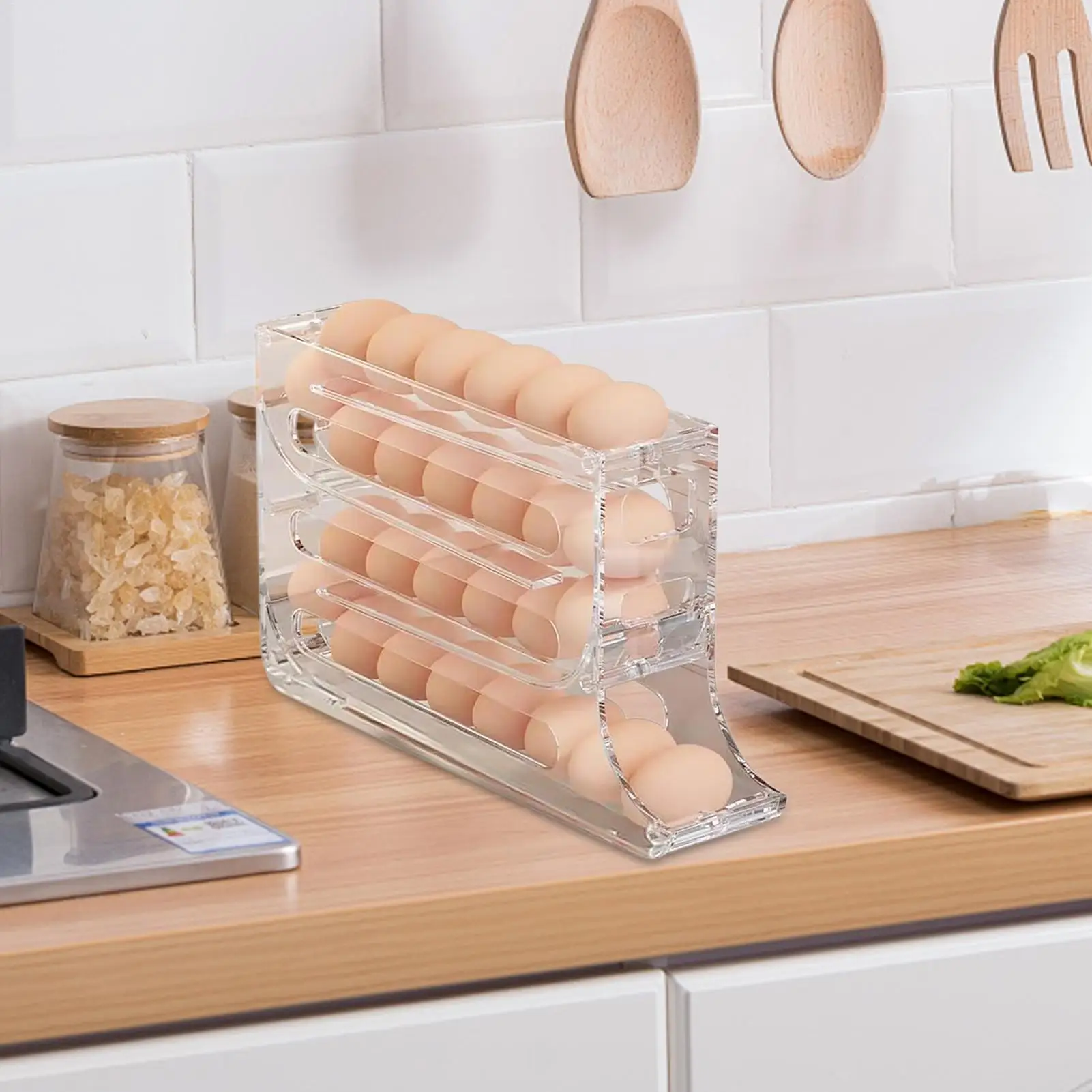 Refrigerator Egg Storage Box 30 Grids Plastic Automatic Scrolling Egg Holder Kitchen Space Saving Egg Storage Holder