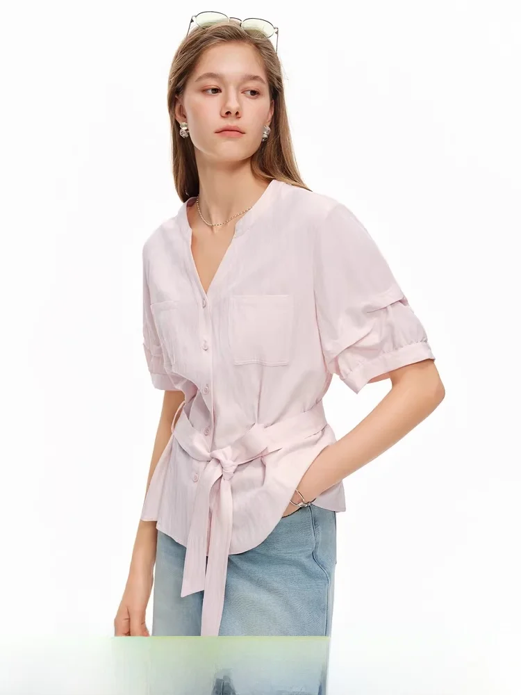 

Элегантная женская летняя блузка с V-образным вырезом, новинка 2026 года, плиссированная, с коротким рукавом, с узлом, в корейском стиле, для офиса и повседневной носки