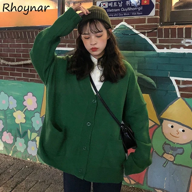 

Kintted Cardigans Women Gentle Solid Pockets Single Breasted V-neck Tops Fashion Casual Ulzzang Streetwear females Autumn Retro