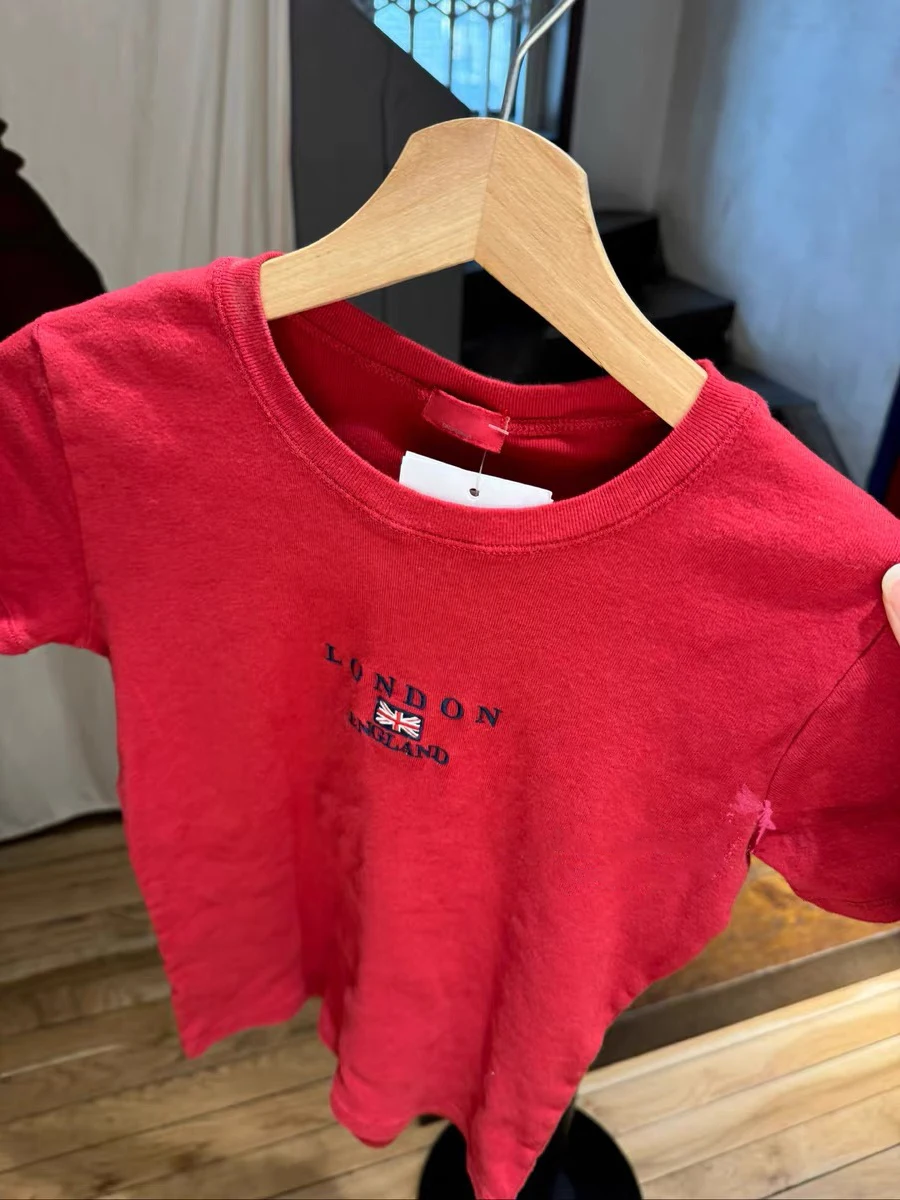 Vintage Roten Brief Flagge Stickerei Baumwolle T-shirt Frauen Oansatz Sommer Kurzarm T-shirt Amerikanischen Dünne Beiläufige Crop Y2K Top – Detail 2