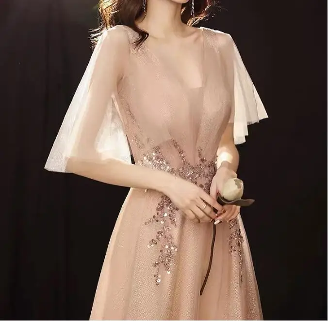 

Elegant Champagne Prom Dresses V-Neck A-Line Tulle Perspective Butterfly Sleeve Long Banquet Party Gowns With Appliques Bead New