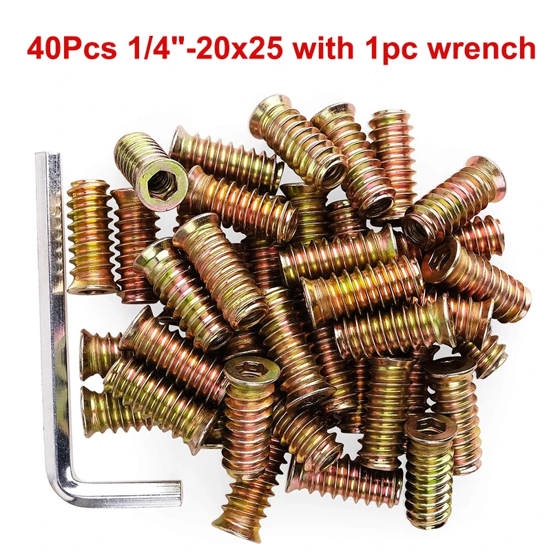 

Hex Drive Threaded Inserts for Wood, Zinc Plated, Carbon Steel, Furniture Screw, SAE Nut Inserts with Wrench, 40PCs, 1/4-20x25mm