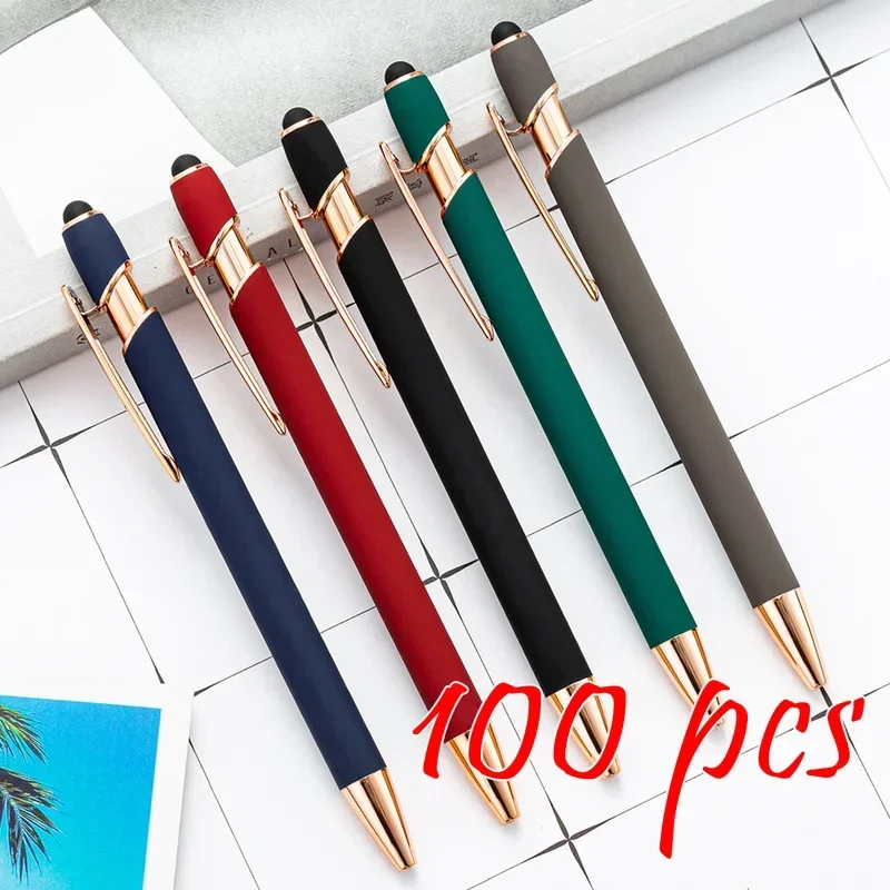 100pcs Metal Ballpoint Pen Touch Screen Pen Text Engraving Office School Advertising Pen Custom Logo Laser Engraving