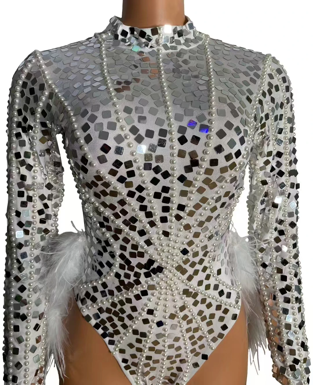 Sparkly Silver Sequins Pear| White FeathersBodysuit 2 PCS Set Women  NightclubOutfit Performance Dance Costume Stage Wear A651