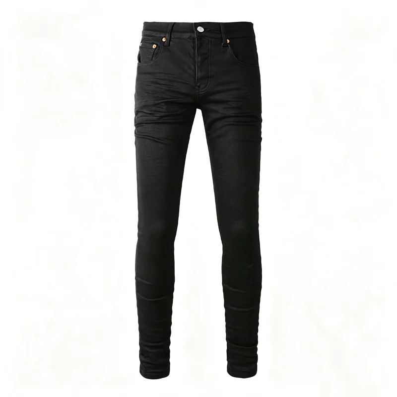 Men's Black Coated Slim Tapered Jeans Vintage Washed Slight Stretch Button Fly High Street Style