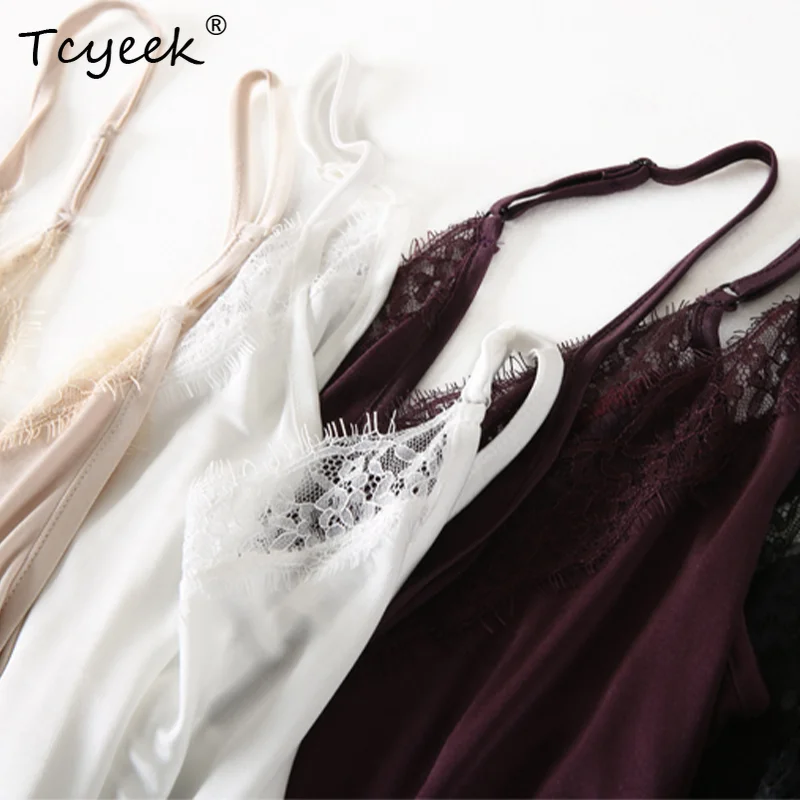 Tcyeek ฤดูร้อน 30% ผ้าไหมธรรมชาติ 70% เหนียวชุดผู้หญิงถักลูกไม้ปรับสายคล้องคอ Slim PAJAMA ชุด D36322JM