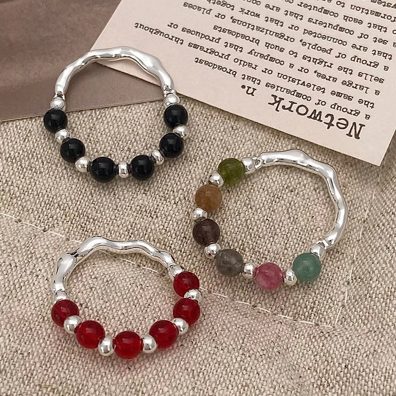 

PONYKISS 925 Sterling Silver Natural Stone Beads Elastic Rope Ring for Women Classic Geometric Fine Jewelry Minimalist Accessory