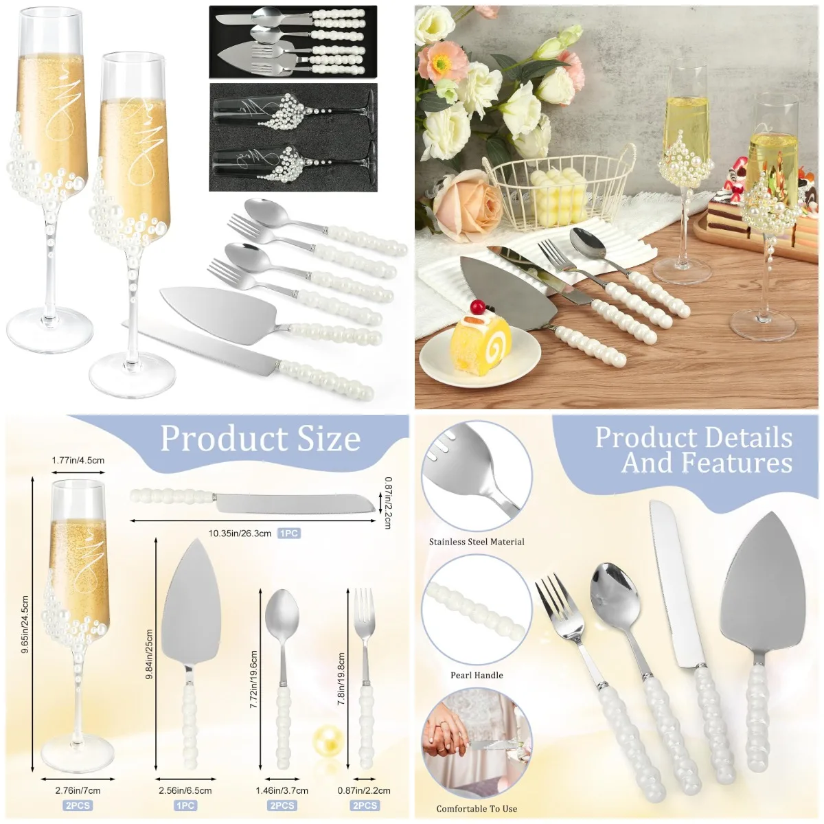 

8-Piece Wedding Cake & Champagne Set, Mr & Mrs Flutes with Forks & Spoons for Bridal Shower, Engagement, Wedding Gifts