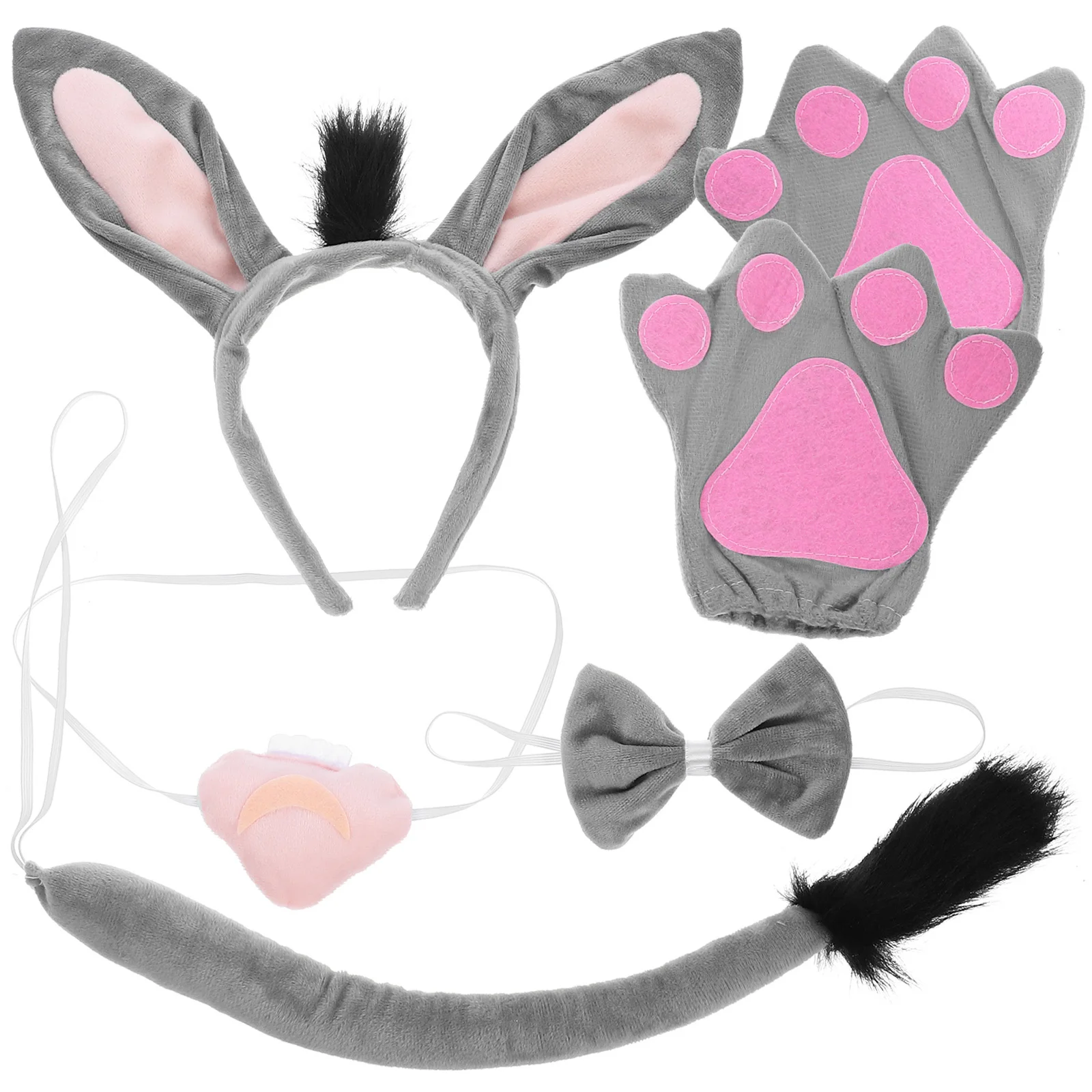 1 Set Burro Fascia Coda Guanti Bowtie Accessori per costumi animali per bambini Ragazze Cosplay Party Dress Up Puntelli Fascia per orecchie